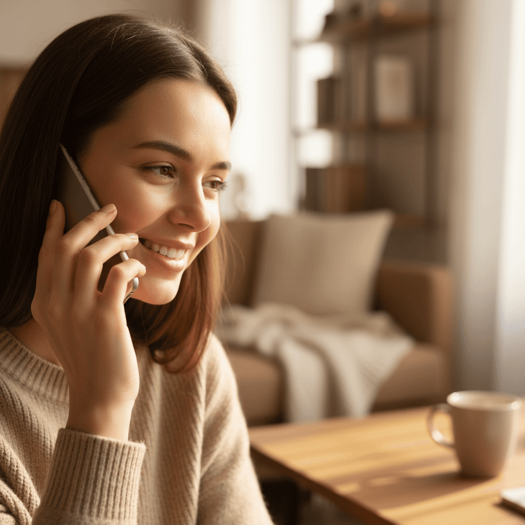 Person talking to their phone in a cozy room