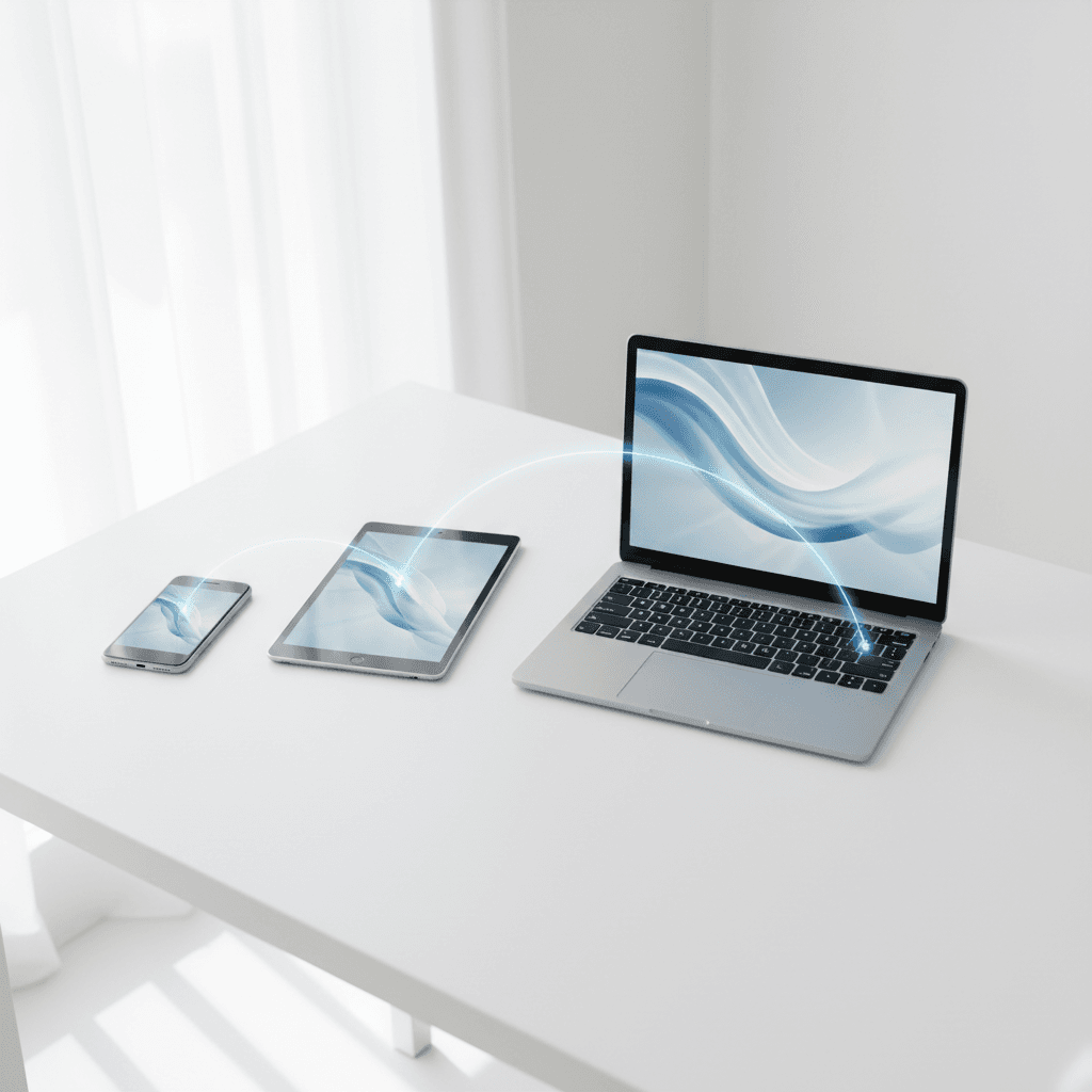 Smartphone, tablet, and laptop arranged on a white desk