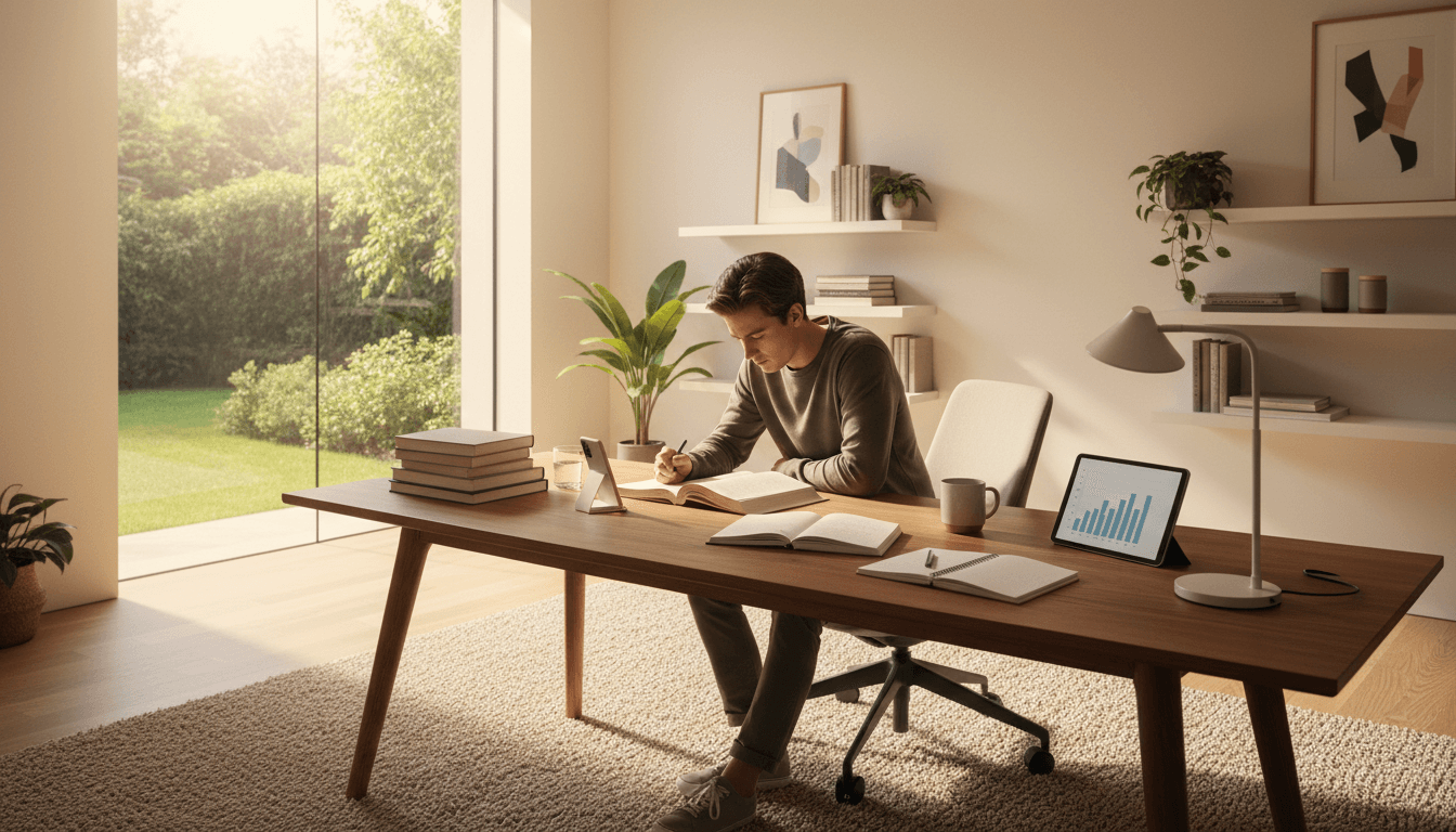 Student using a smartphone quiz app while studying with books at a bright desk
