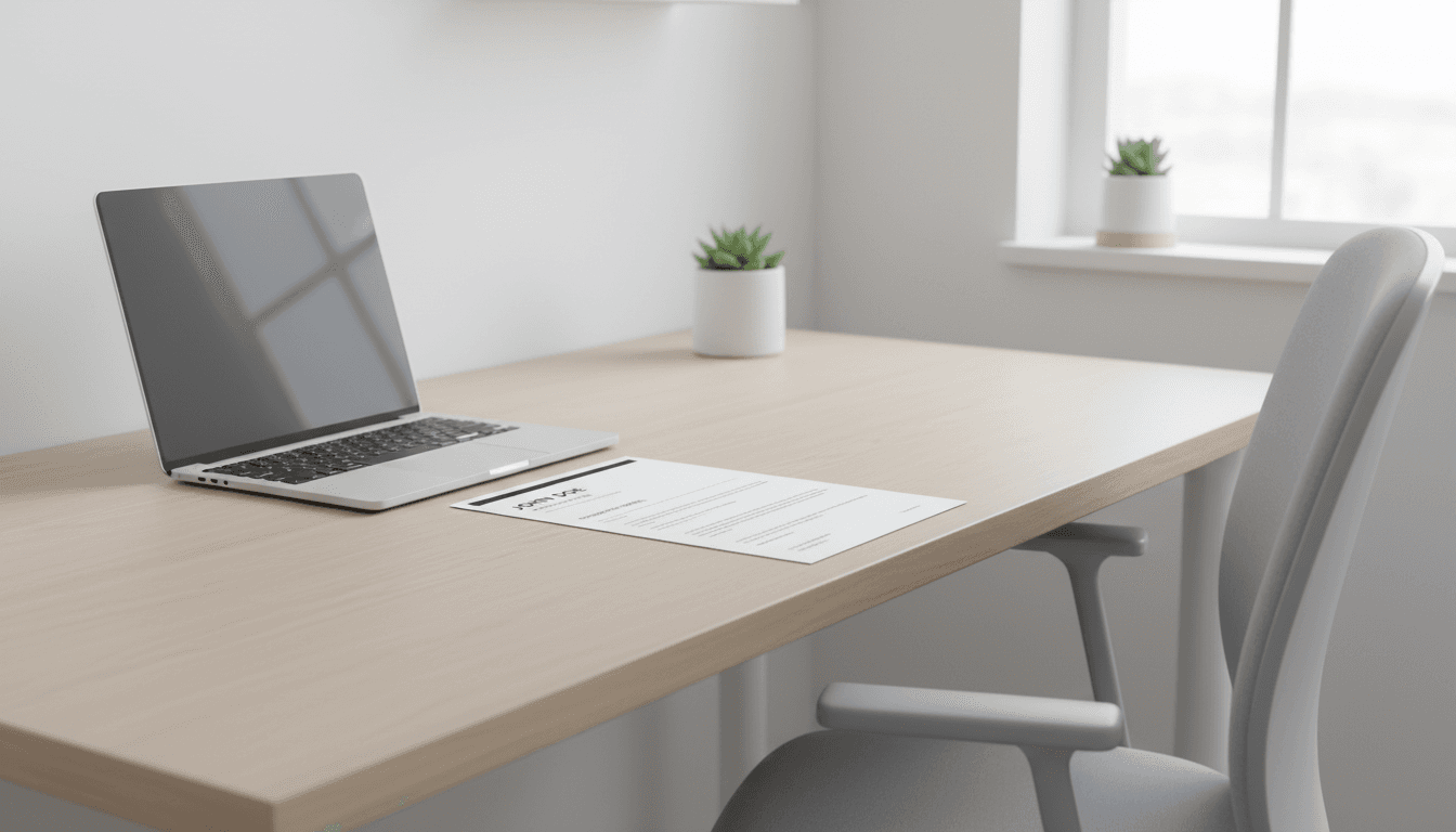 A resume document on a desk next to a laptop