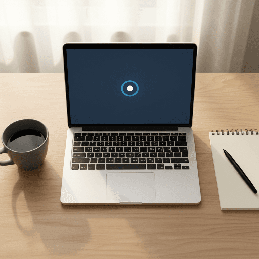 Laptop on a desk with a glowing dot suggesting an active AI assistant