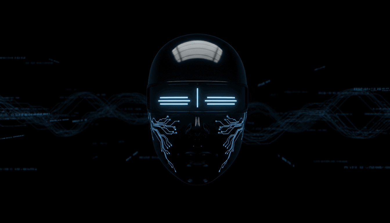 Sleek humanoid AI visor with glowing blue accents