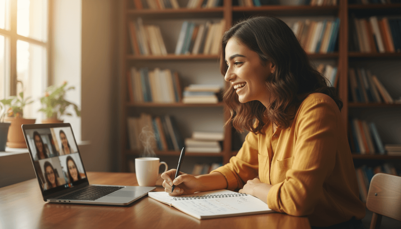 Young student smiling while working on a laptop in a bright study space