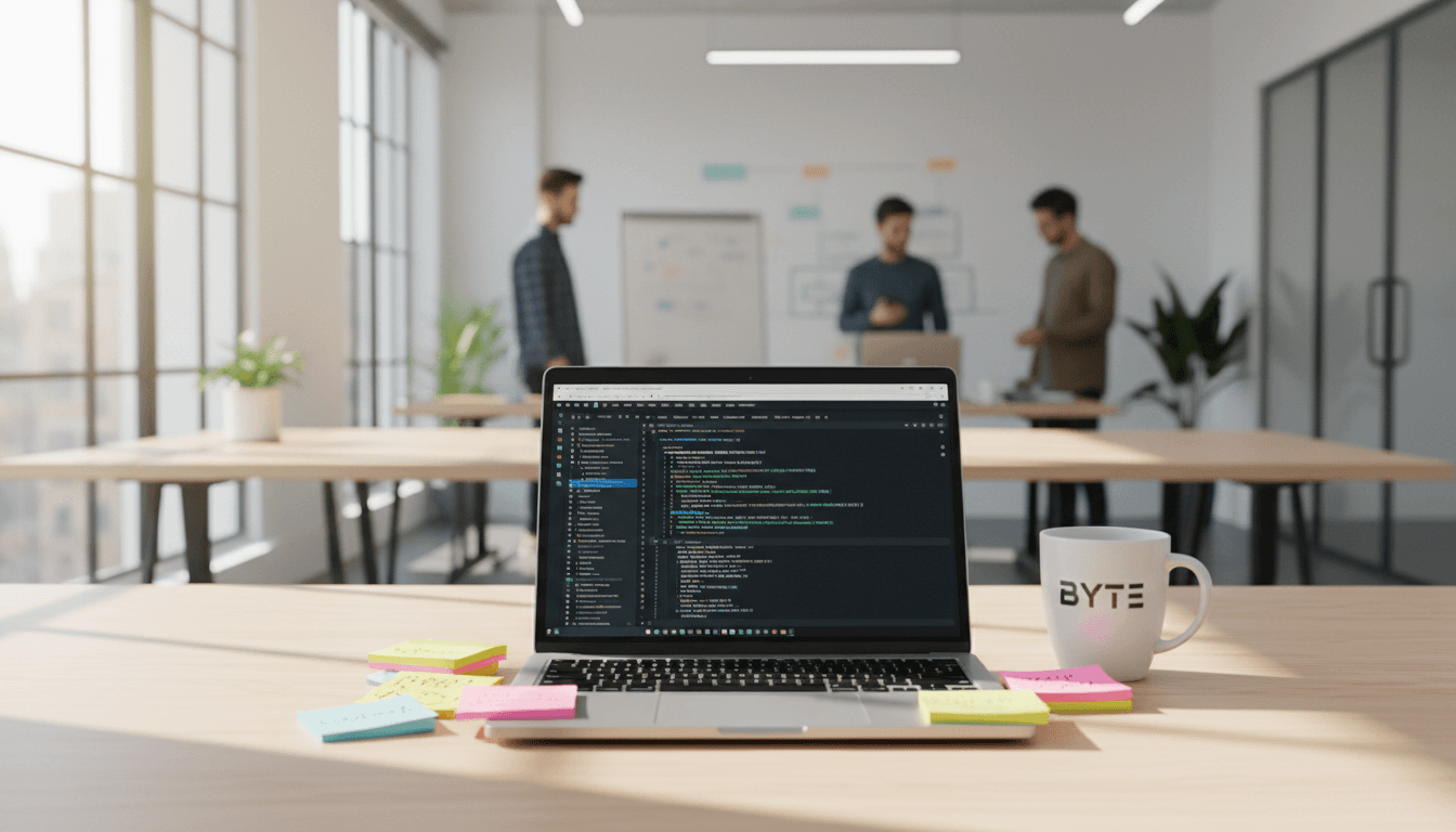 A bright, modern startup workspace with a developer's laptop showing code, surrounded by sticky notes and a coffee mug