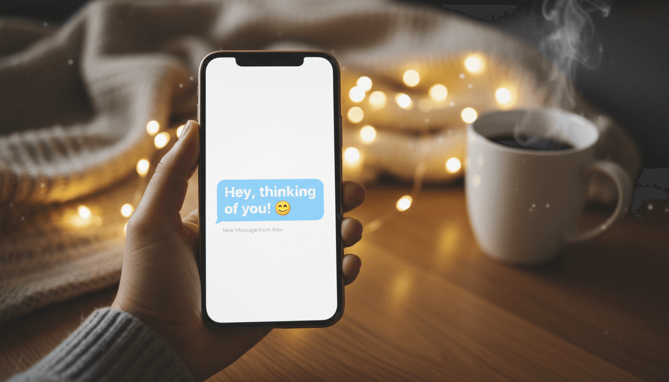 A hand holding a smartphone with a message notification