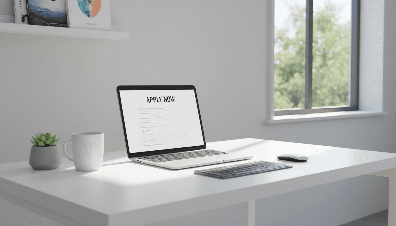 Person filling out an online application on a laptop in a bright workspace