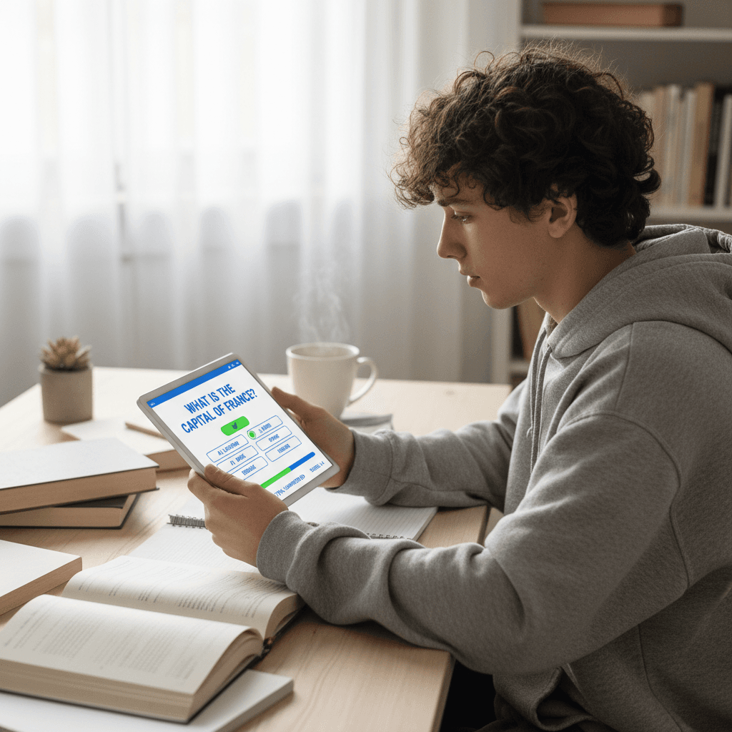 Student using MindHunt quiz app on tablet