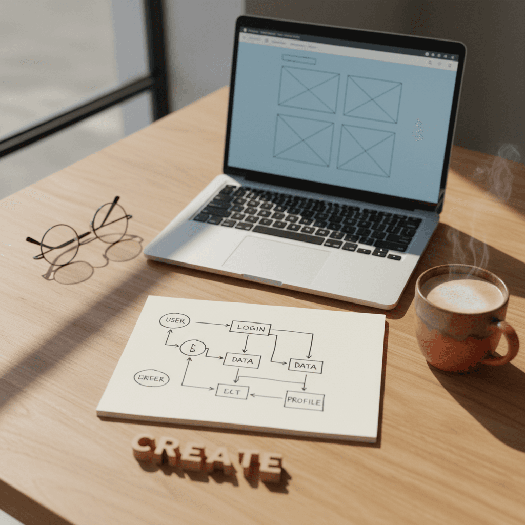 Workspace with a laptop showing a wireframe and a hand-drawn flow diagram on a notepad