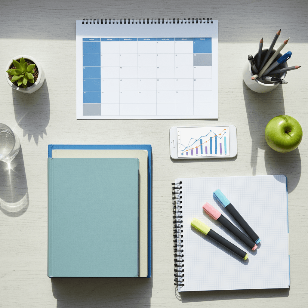 Study materials and a phone with abstract charts arranged on a desk