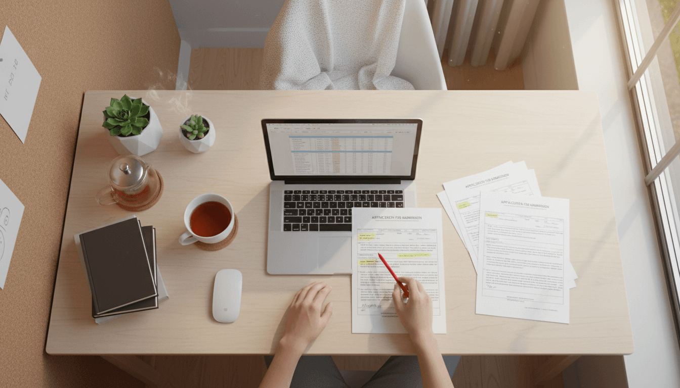 A desk with application papers being reviewed
