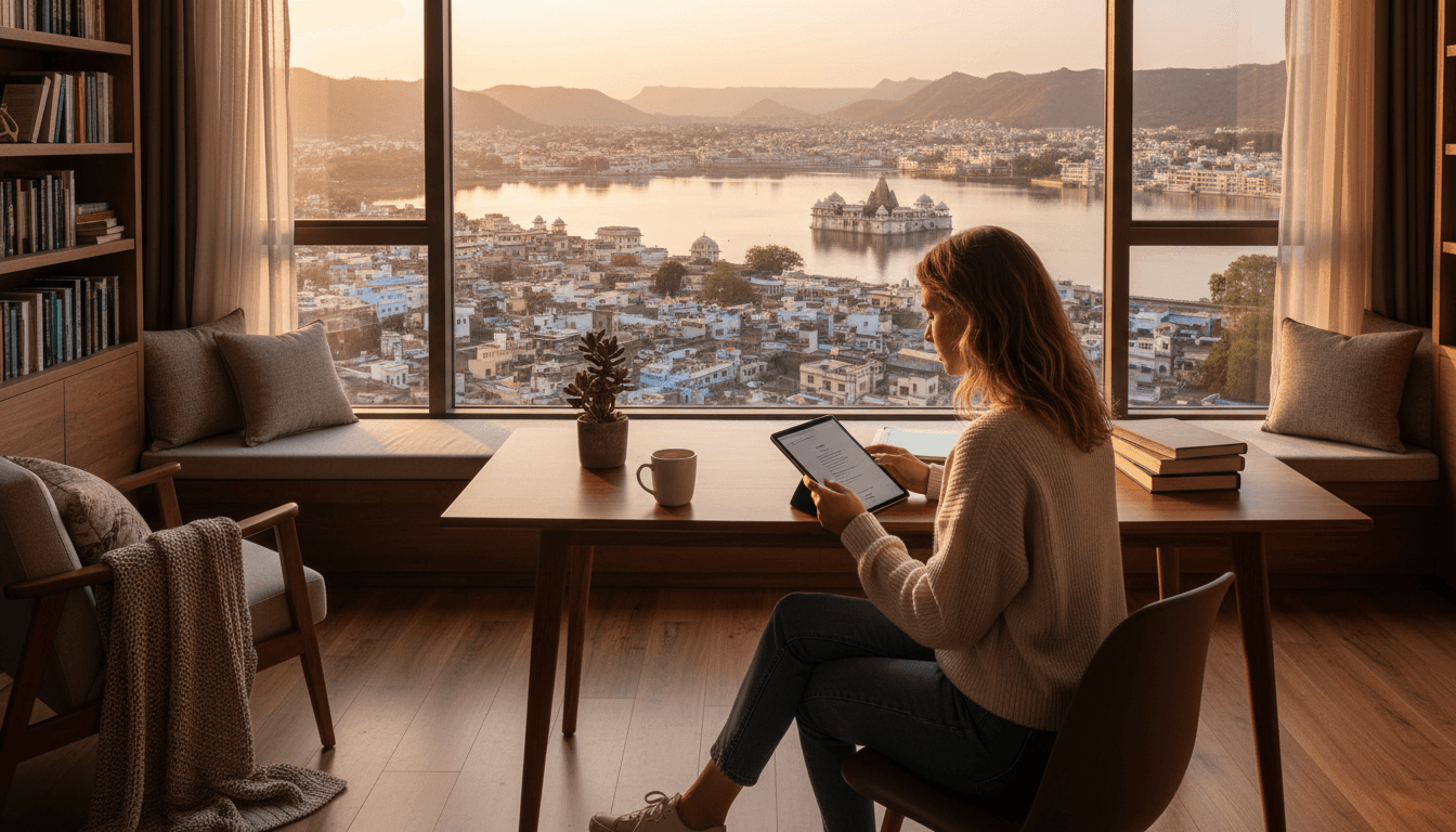 A modern, warm educational study scene with a student using a tablet, city of Udaipur in the background