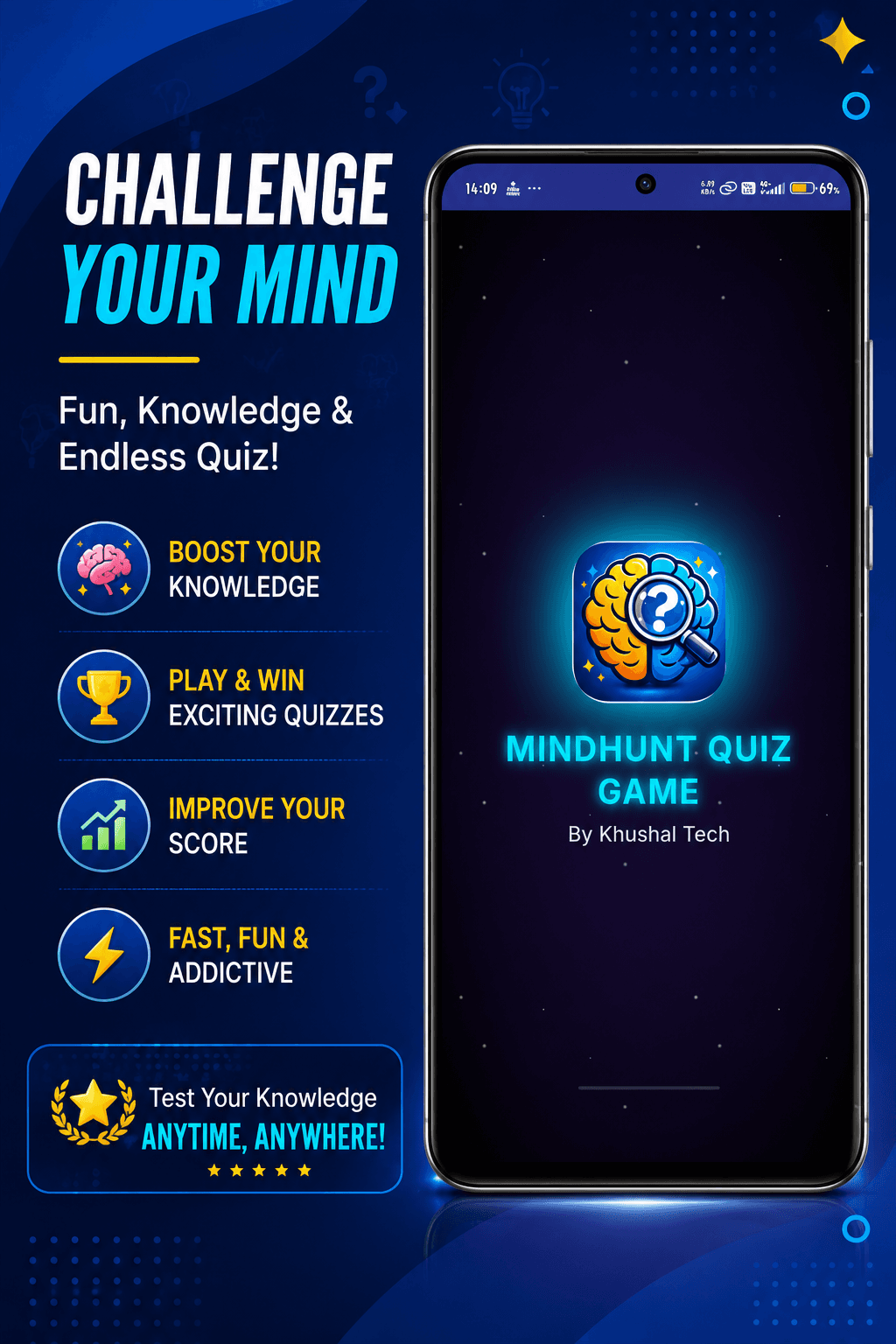 Promotional graphic for Mindhunt Quiz Game app featuring a smartphone and brain-themed quiz icons.