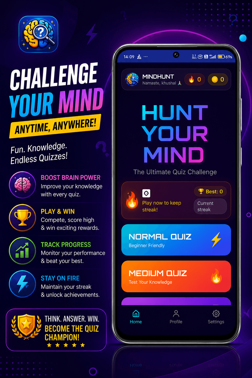 Promotional graphic for MINDHUNT quiz app featuring a smartphone interface and brain-themed game features.