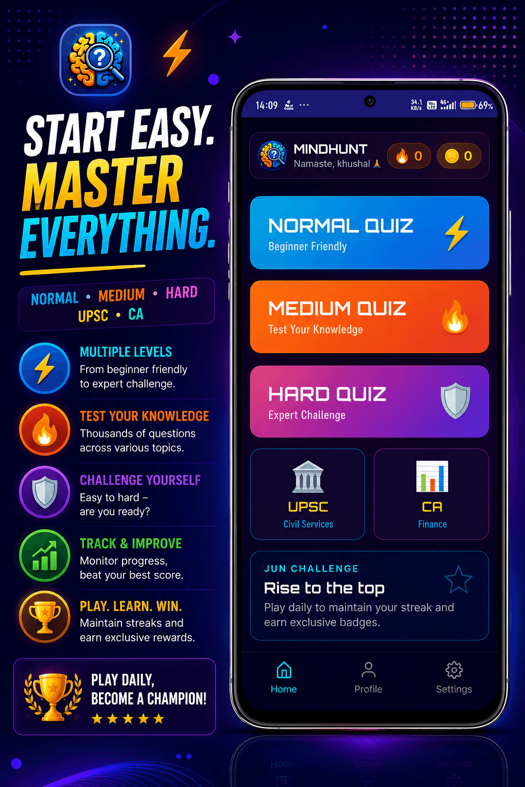 MINDHUNT quiz app promotional graphic featuring difficulty levels and exam categories on a smartphone screen.