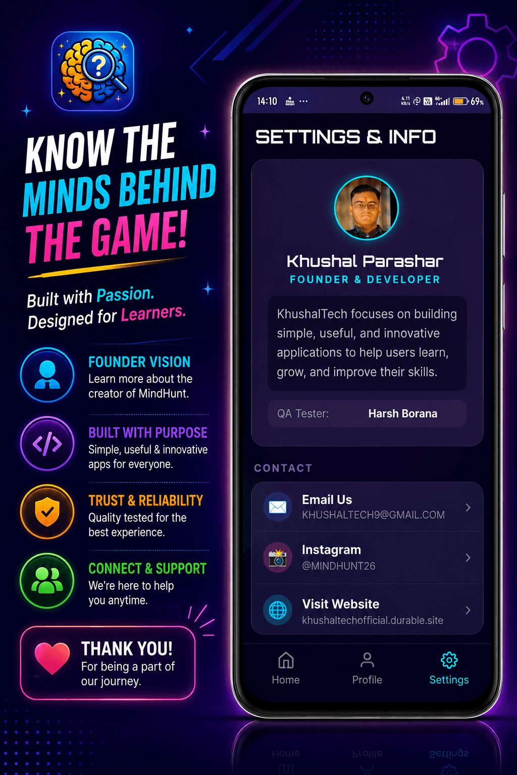 MindHunt app promotional graphic featuring founder Khushal Parashar's profile and contact details on a smartphone.