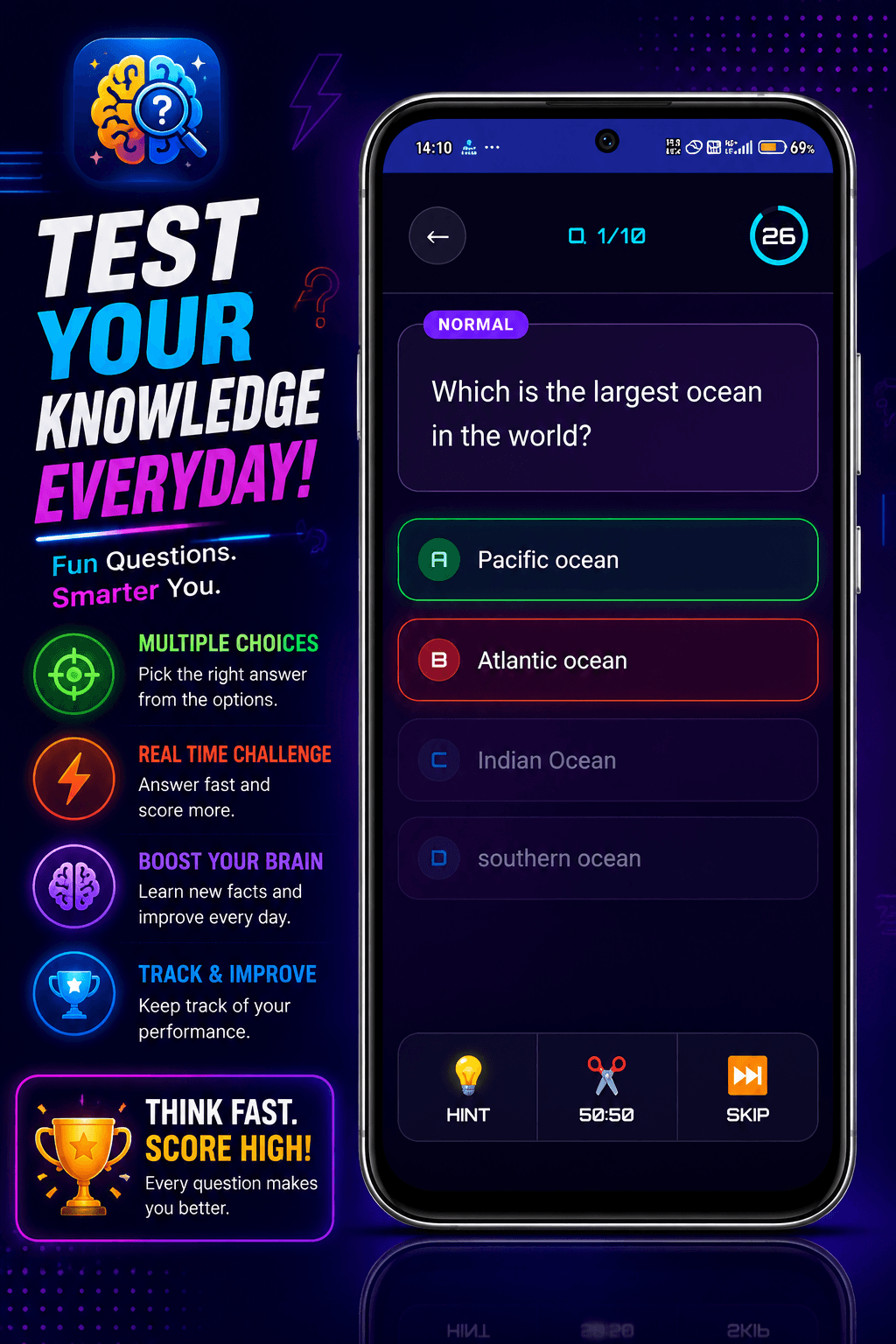Promotional graphic showing a smartphone with a multiple-choice trivia question about the largest ocean.