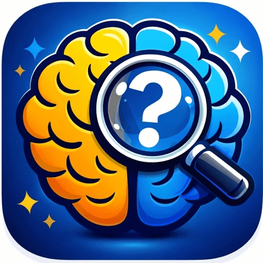 Orange and blue brain icon with a magnifying glass and a white question mark.
