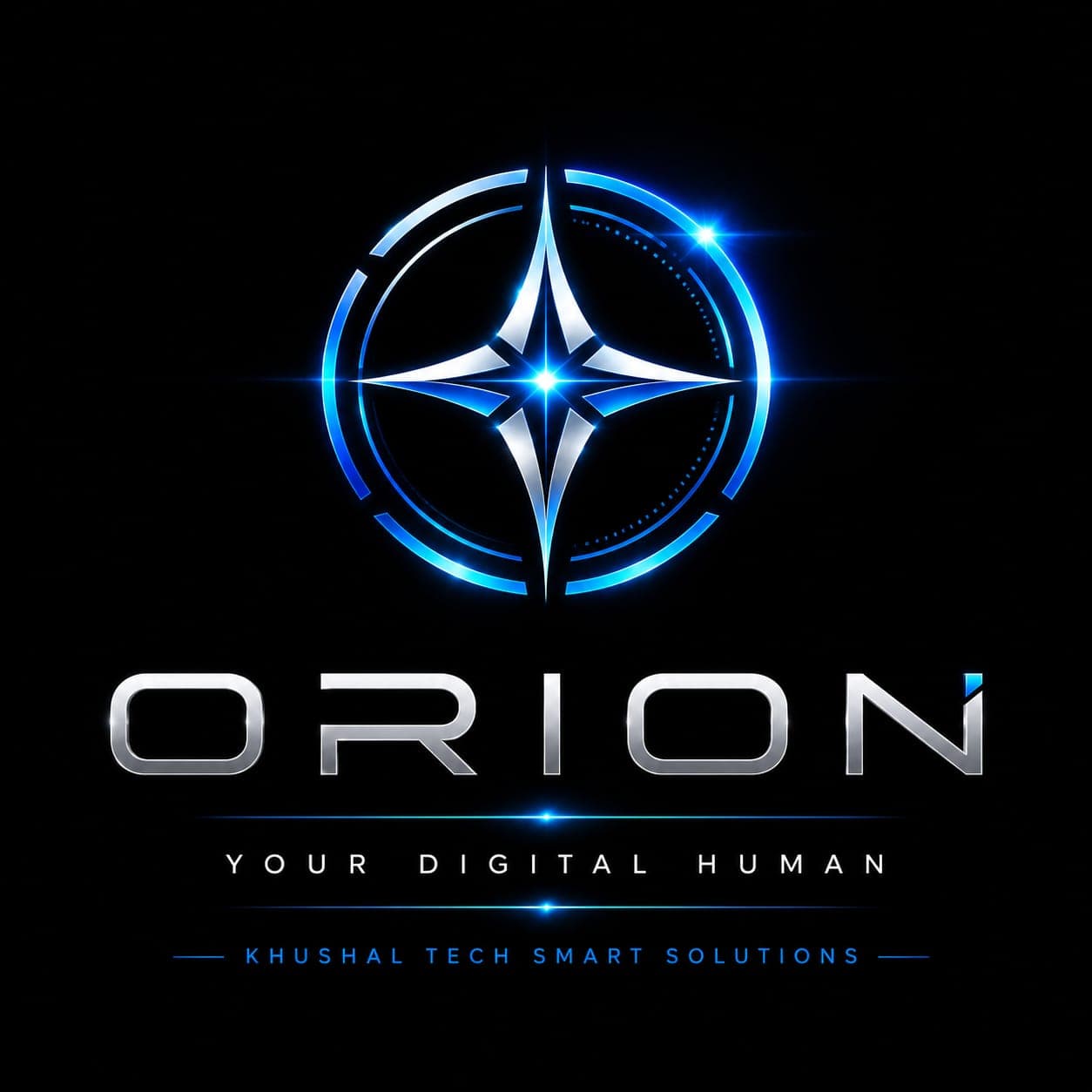 Silver Orion logo featuring a glowing blue four-pointed star and tagline Your Digital Human.